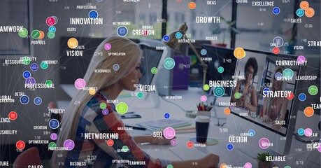 Sticker - Composition of network of text and digital icons over businesswoman on laptop video call