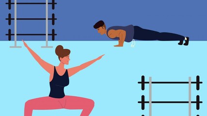 Wall Mural - couple practicing exercise in the gym characters