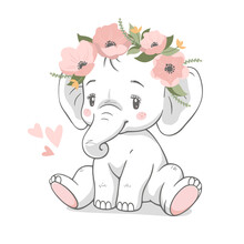 Cute Baby Elephant With Wreath Of Pink Flowers Vector Illustration.