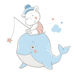 Wall Mural - Vector illustration of a cute baby hippopotamus with a fishing rod, sitting on a blue whale.