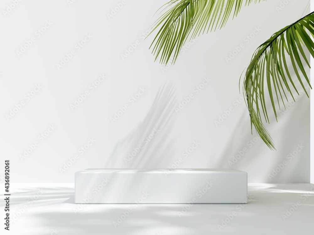 3D render podium, showcase on light white background with shadows in green tropical leaves of plants. Abstract natural,organic background for advertising products, spa body care, relaxation, health. - obrazy, fototapety, plakaty 
