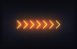 Neon arrow sign. Set of orange glowing neon arrow pointer on brick wall background