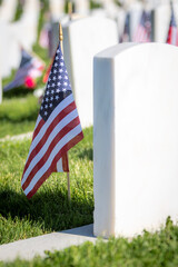 Military Headstones and Gravestones Decorated With Flags for Memorial Day