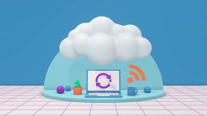 Wall Mural - laptop computer with a big cloud and icons, binary numbers zero and one fall from the cloud, concept of cloud computing, seamless loop (3d render)