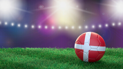 Soccer ball in flag colors on a bright blurred stadium background. Denmark. 3D image