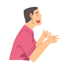 Canvas Print - Side View of Cheerful Guy Talking and Gesturing, Man Communicating, Discussing Latest News or Gossiping Cartoon Vector Illustration