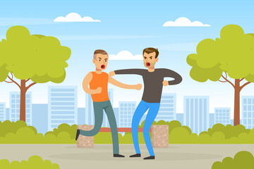 Poster - Two Angry Men Arguing and Fighting Outdoors, Human Relations, Quarrel or Conflict between Two People Vector Illustration