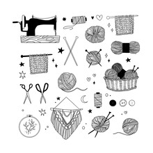 Hand Drawn Vector Linear Illustration - Set Of Knitting And Crafts. Needlework, Yarn, Pins, Buttons, Thread, Needle Bar, Macrame, Sewing. Perfect For Your Brand Logo And Branding.