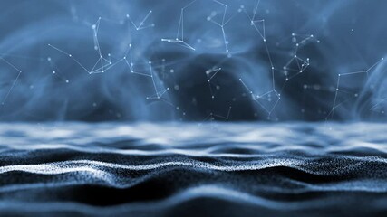Abstract digital technology textured waves with glowing lines dots net and fog effect moving animation.