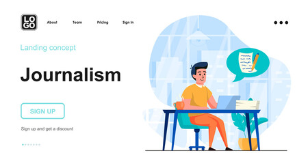 Aufkleber - Journalism web concept. Journalist writes article, copywriter prepares text for publication in blog. Template of people scenes. Vector illustration with character activities in flat design for website