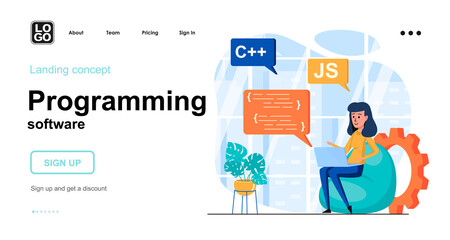 programming software web concept. woman developer coding code in different programming languages. te