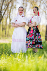 Young beautiful slovak woman in traditional dress. Slovak folklore