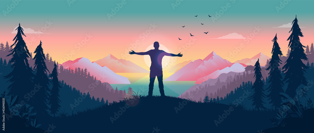 Having a personal adventure - Person standing in front of sun with arms out, watching the beauty of nature and feeling the warmth of the sun. Happiness and personal freedom concept. Vector - obrazy, fototapety, plakaty 