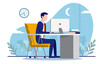 © Knut - Businessman working overtime - Man in office works late on computer at desk with moon and clock in background. Vector illustration.