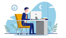 Businessman Working Overtime - Man In Office Works Late On Computer At Desk With Moon And Clock In Background. Vector Illustration.