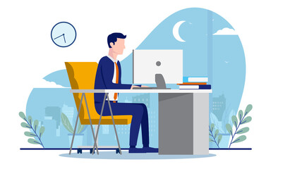 Poster - Businessman working overtime - Man in office works late on computer at desk with moon and clock in background. Vector illustration.