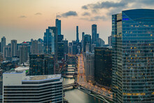 Chicago, United States - 20 June 2020: Aerial View Of Chicago Skyline At Sunset, View Of The Chicago River And The Financial District With Skyscrapers, Chicago, Illinois, United States.