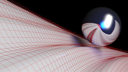 Metallic chrome sphere over a white waved surface with red grid - 3D rendering illustration
