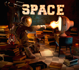 Wall Mural - seated astronaut watches television surrounded by books. 3d illustration