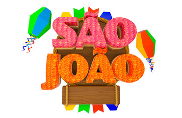 Poster - Festa Junina com bandeiras de fundo para varejo. Selo promocional 3d Brasil para festa de junho de cartão ou cartaz para férias. Selo São João e arraiá. Tipografia festiva