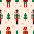 Christmas seamless background with nutcracker, Christmas tree and snowflakes.