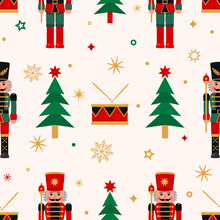 Christmas Seamless Background With Nutcracker, Christmas Tree And Snowflakes.