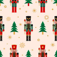 Christmas Seamless Background With Nutcracker, Christmas Tree And Snowflakes.