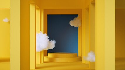 Wall Mural - 3d render, abstract background with corridor. Clouds flying inside the yellow room with blue window. Architectural showcase scene with empty pedestal for product presentation