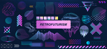 Trendy Retrofuturistic Holographic Collection In Vaporwave Style In 80s-90s. Old Wave Cyberpunk Concept. Shapes Design Elements For Disco Genre, Retro Party Or Themed Event. Neon Shapes With Glitch