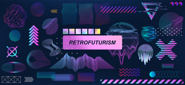 Wall Mural -  - Trendy retrofuturistic holographic collection in vaporwave style in 80s-90s. Old wave cyberpunk concept. Shapes design elements for disco genre, retro party or themed event. Neon shapes with glitch