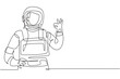 Single one line drawing of male astronauts with gesture okay wearing spacesuits to explore outer space in search mysteries of universe. Modern continuous line draw design graphic vector illustration