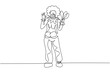 Continuous one line drawing female clown stands with gesture okay wearing wig and clown costume ready to entertain the audience in the circus arena. Single line draw design vector graphic illustration