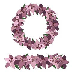 Wall Mural - Set of vector illustrations of pink lily flowers isolated on white background. A beautiful wreath, a pattern for a brush from buds and leaves for postcards, candy wrappers, textiles.