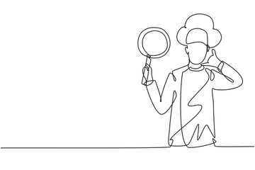 Wall Mural - Continuous one line drawing chef with call me gesture, holding pan and wearing cooking uniforms is ready to cook meals for guests at restaurants. Single line draw design vector graphic illustration