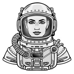 Wall Mural - Animation portrait of the young attractive woman of the astronaut in a space suit. Vector illustration isolated on a white background. Print, poster, t-shirt, card.
