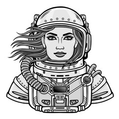 Wall Mural - Animation portrait of the young attractive woman of the astronaut in a  open space suit. Vector illustration isolated on a white background. Print, poster, t-shirt, card.