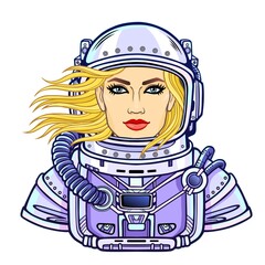 Wall Mural - Animation portrait of the young attractive woman of the astronaut in a  open space suit. Vector illustration isolated on a white background. Print, poster, t-shirt, card.