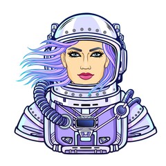 Wall Mural - Animation portrait of the young attractive woman of the astronaut in a  open space suit. Vector illustration isolated on a white background. Print, poster, t-shirt, card.