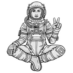 Wall Mural - Animation figure of the woman astronaut sitting in a Buddha pose. Meditation in space.  Monochrome drawing. Vector illustration isolated on a white background.  Print, poster, t-shirt, card.