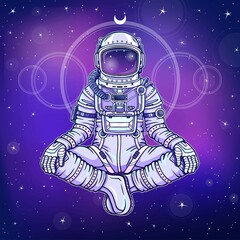 Wall Mural - Animation figure of the astronaut sitting in Buddha pose. Meditation in space. Color drawing. Background - the night star sky. Vector illustration. Print, poster, t-shirt, card.