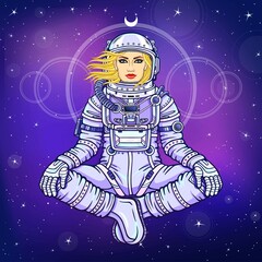 Wall Mural - Figure of a woman astronaut sitting in a Buddha pose. Meditation in space. Color drawing. Background - the night star sky. Vector illustration.  Print, poster, t-shirt, card.