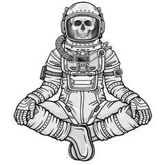 Wall Mural - Animation figure of the astronaut skeleton sitting in Buddha pose. Meditation in space. Monochrome drawing. Vector illustration isolated on a white background. Print, poster, t-shirt, card.