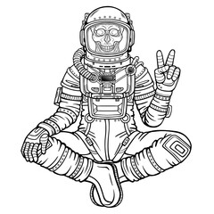 Wall Mural - Animation figure of the astronaut skeleton sitting in Buddha pose. Meditation in space. Monochrome drawing. Vector illustration isolated on a white background. Print, poster, t-shirt, card.