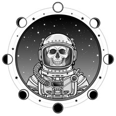 Wall Mural - Animation portrait of the astronaut skeleton  in a space suit. Background - the star sky, phases of the moon. Vector illustration isolated.  Print, poster, t-shirt, card.
