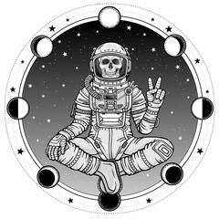 Wall Mural - Animation figure of the astronaut skeleton sitting in Buddha pose. Meditation in space. Background - the star sky, phases of the moon. Vector illustration isolated.  Print, poster, t-shirt, card.