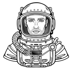 Wall Mural - Animation portrait of the young attractive man of the astronaut in a space suit. Vector illustration isolated on a white background.  Be use for coloring booke. Print, poster, t-shirt, card.