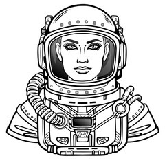 Wall Mural - Animation portrait of the young attractive woman of the astronaut in a space suit. Vector illustration isolated on a white background.  Be use for coloring booke. Print, poster, t-shirt, card.