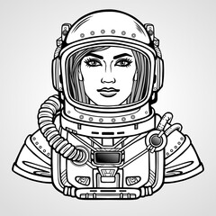 Wall Mural - Animation portrait of the young attractive woman of the astronaut in a space suit. Vector illustration isolated on a grey background.  Be use for coloring booke. Print, poster, t-shirt, card.