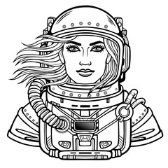 Wall Mural - Animation portrait of the young attractive woman astronaut in a space suit. Helmet is open, hair flutter. Vector illustration isolated.  Be use for coloring booke. Print, poster, t-shirt, card.