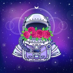 Wall Mural - Space helmet of the astronaut is filled in flowers roses. Color drawing. Background - the night star sky. Print, poster, t-shirt, card.